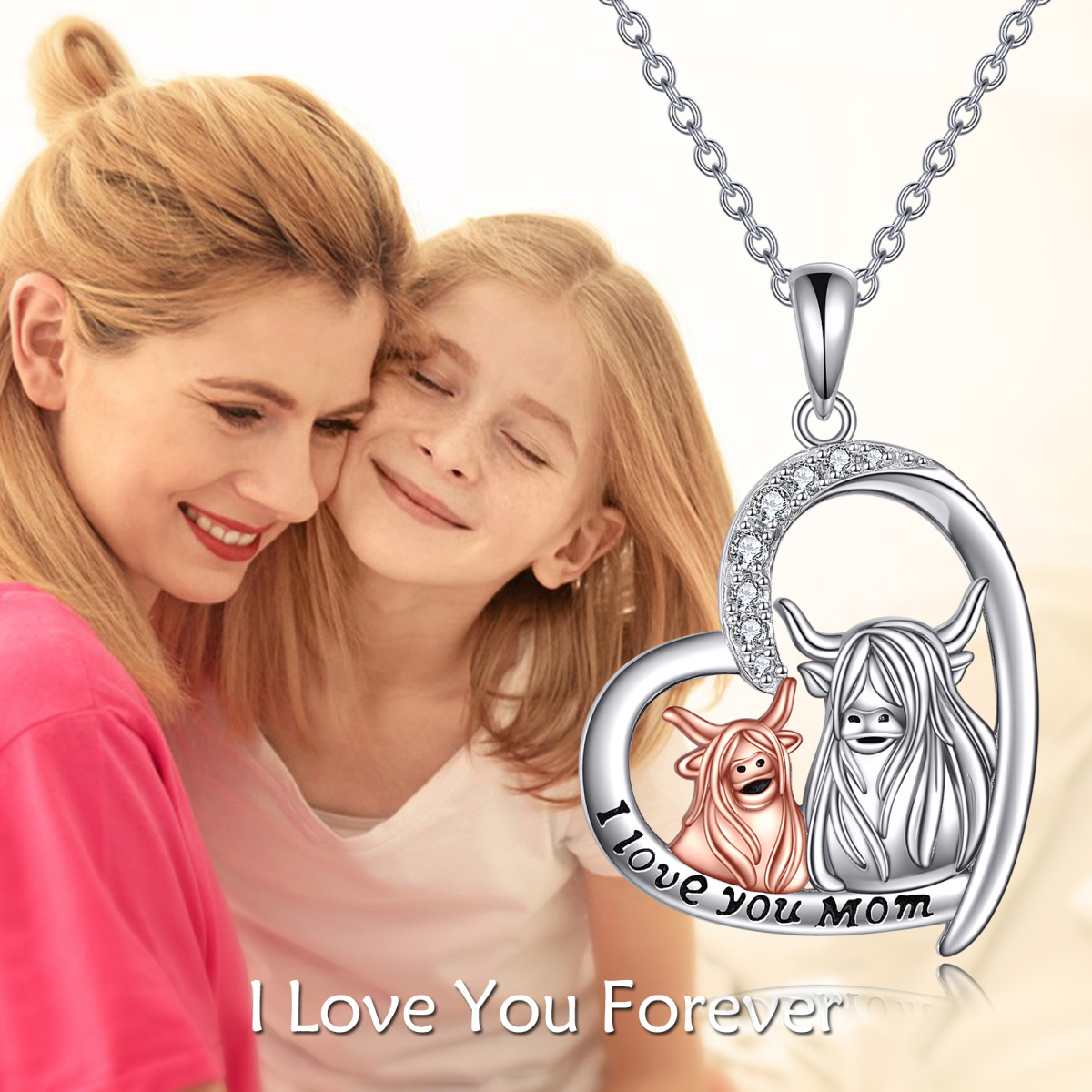 Collier en argent sterling avec pendentif Highland Cow & Heart en zircon bicolore et mot g-6