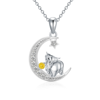 Sterling Silver Two-tone Zircon Highland Cow Pendant Necklace-16