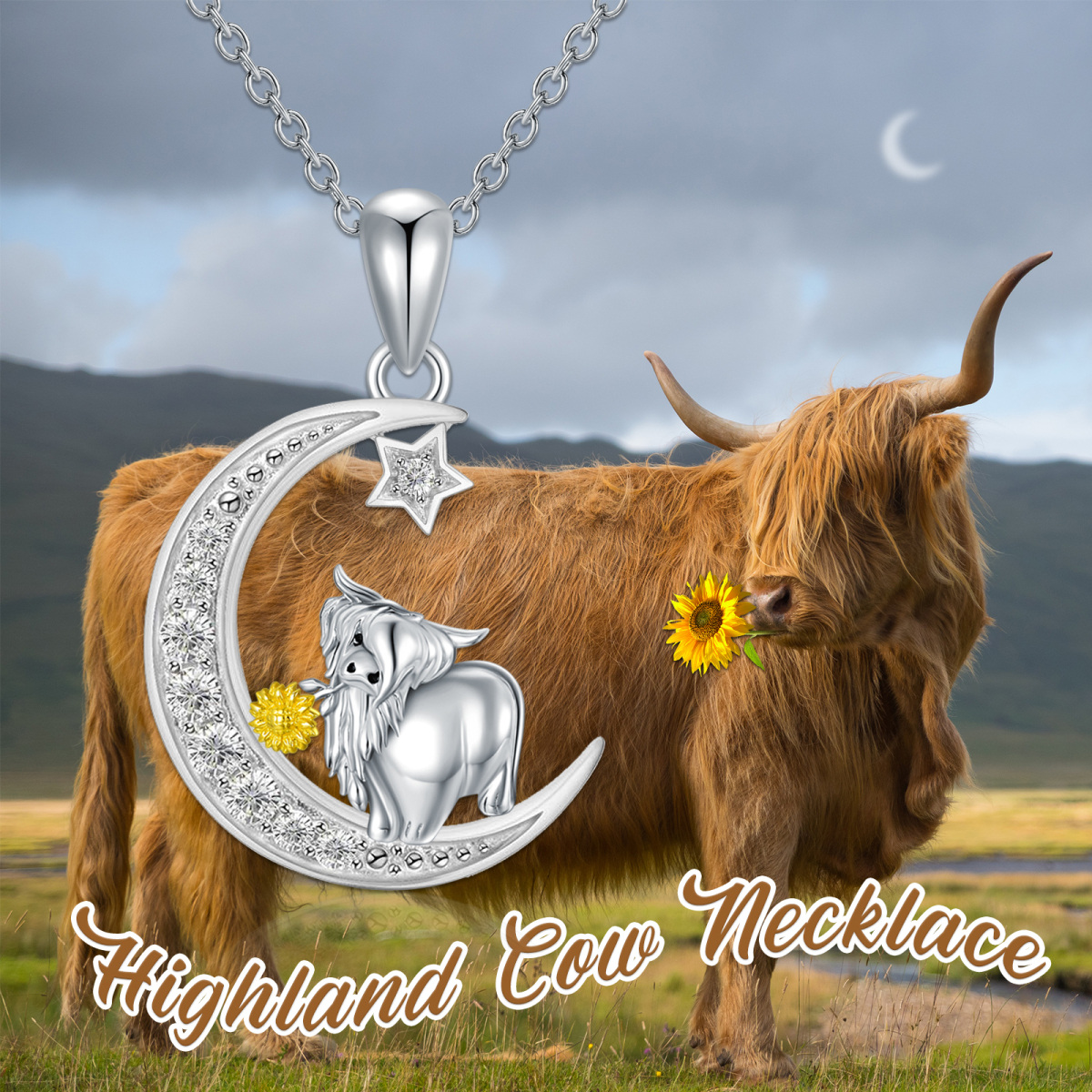 Sterling Silver Two-tone Zircon Highland Cow Pendant Necklace-3