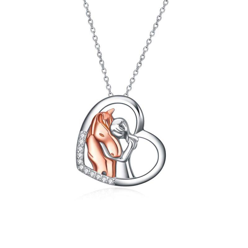 Sterling Silver Two-tone Zircon Horse & Heart Pendant Necklace-7