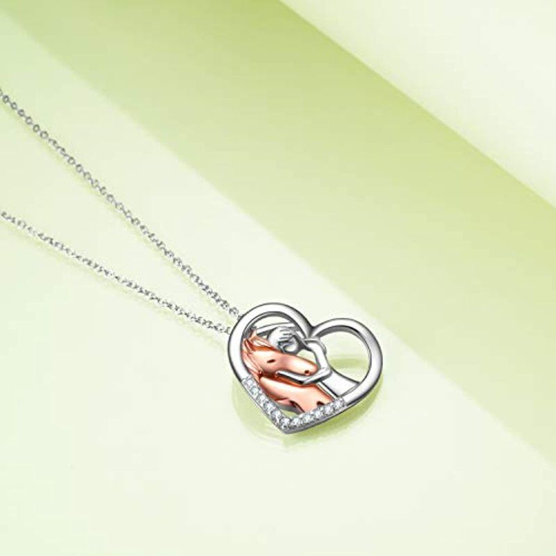 Sterling Silver Two-tone Zircon Horse & Heart Pendant Necklace-3