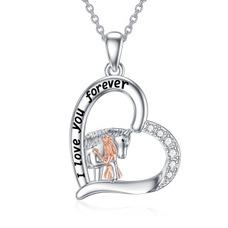 Sterling Silver Two-tone Zircon Horse & Heart Pendant Necklace with Engraved Word-27