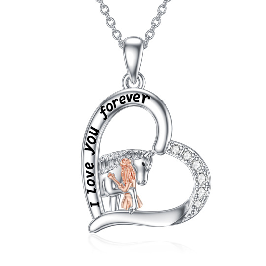 Sterling Silver Two-tone Zircon Horse & Heart Pendant Necklace with Engraved Word