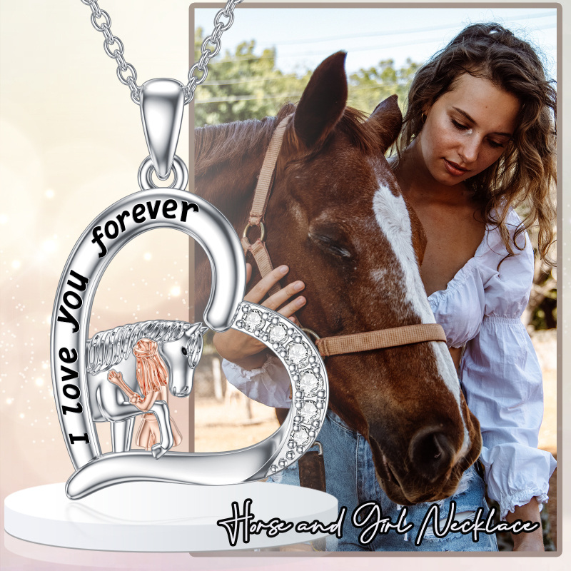 Sterling Silver Two-tone Zircon Horse & Heart Pendant Necklace with Engraved Word-5