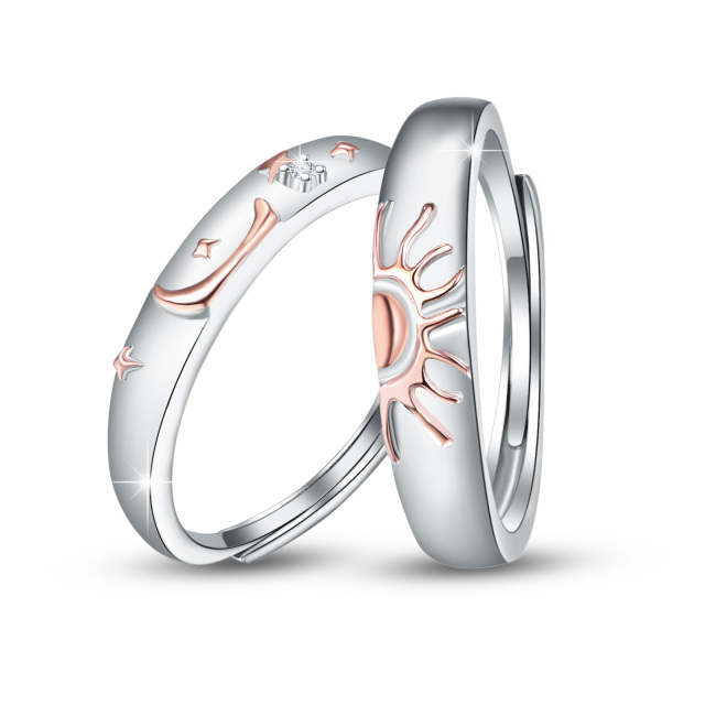 Bagues couple lune et soleil en argent sterling avec zircon bicolore