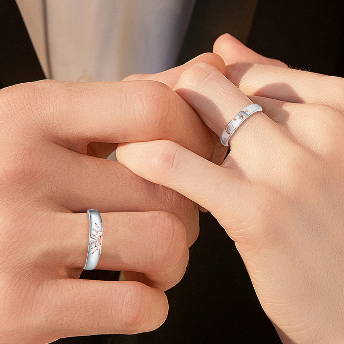 Anillos de pareja Luna y Sol de plata de ley con circonitas en dos tonos-2