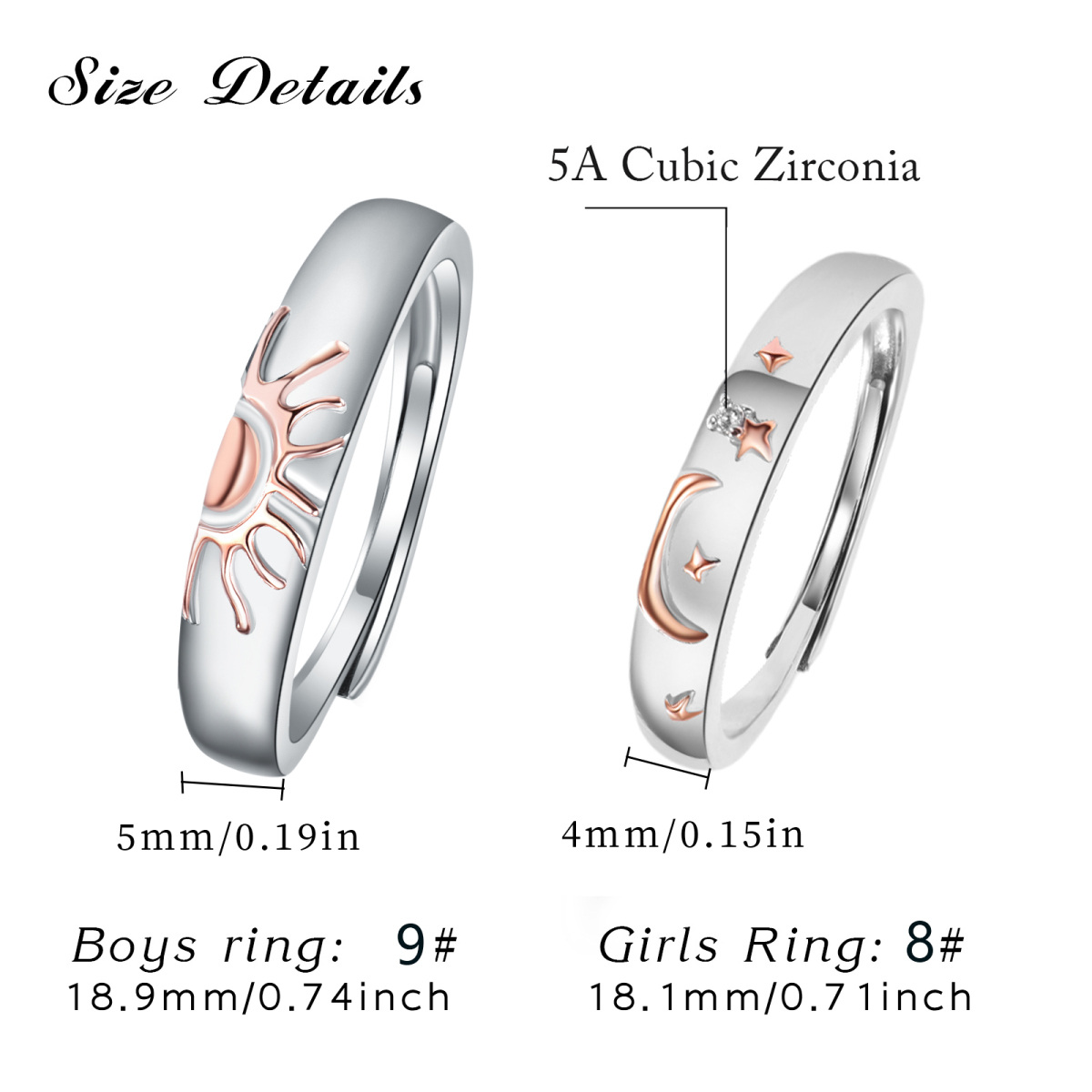 Sterling Silver Two-tone Zircon Moon & Sun Couple Rings-5