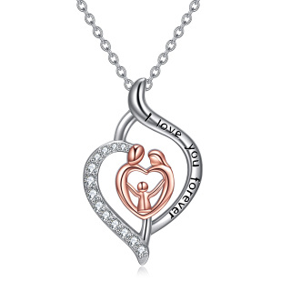 Sterling Silver Two-tone Zircon Parents & Children Pendant Necklace with Engraved Word-3