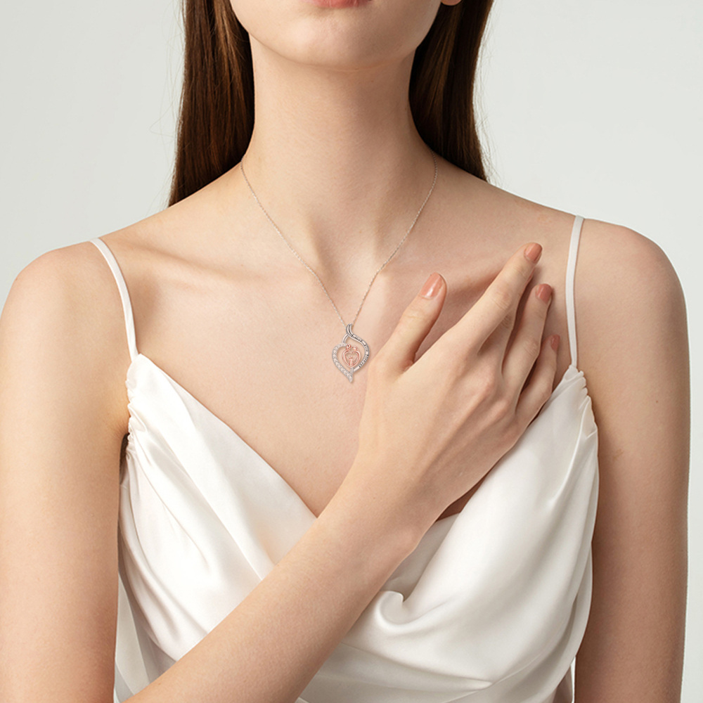 Sterling Silver Two-tone Zircon Parents & Children Pendant Necklace with Engraved Word-2