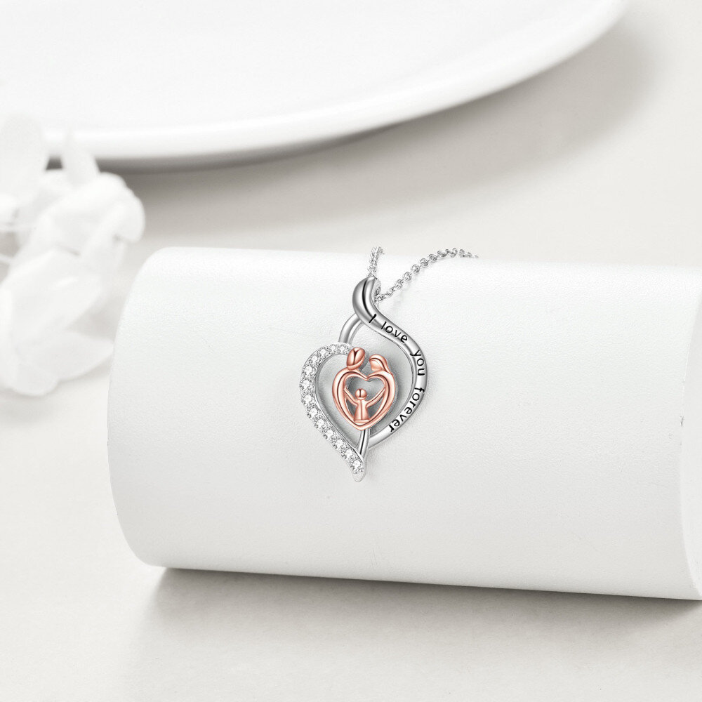 Sterling Silver Two-tone Zircon Parents & Children Pendant Necklace with Engraved Word-3