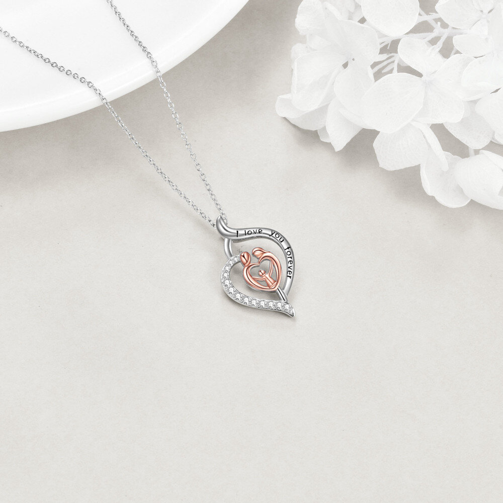 Sterling Silver Two-tone Zircon Parents & Children Pendant Necklace with Engraved Word-4