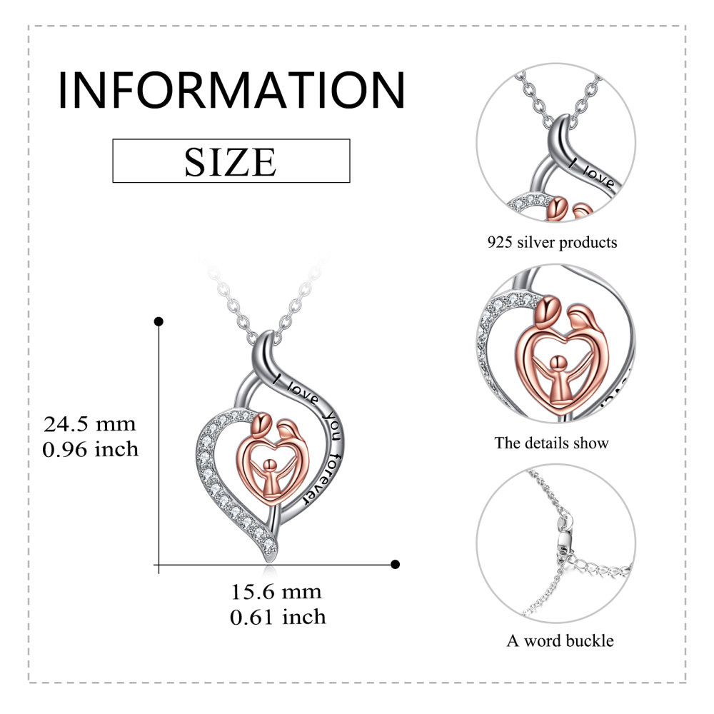 Sterling Silver Two-tone Zircon Parents & Children Pendant Necklace with Engraved Word-5