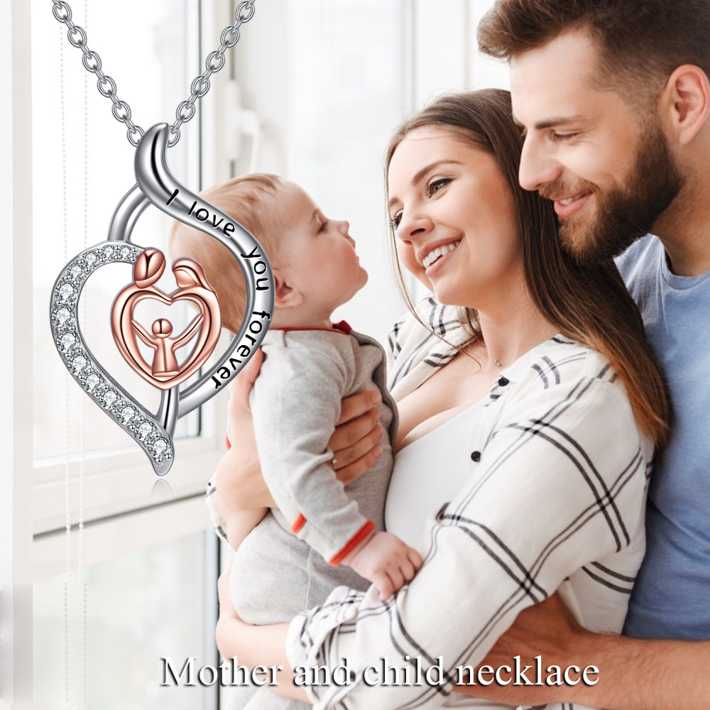Sterling Silver Two-tone Zircon Parents & Children Pendant Necklace with Engraved Word-6