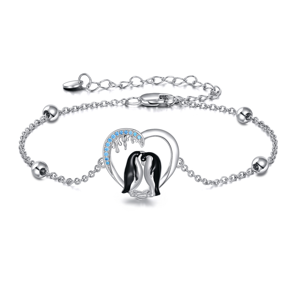 Sterling Silver Two-tone Zircon Penguin & Heart Charm Bracelet-1