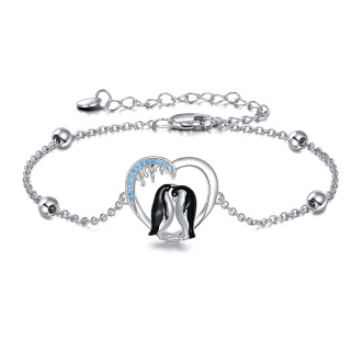 Sterling Silver Two-tone Zircon Penguin & Heart Charm Bracelet-17