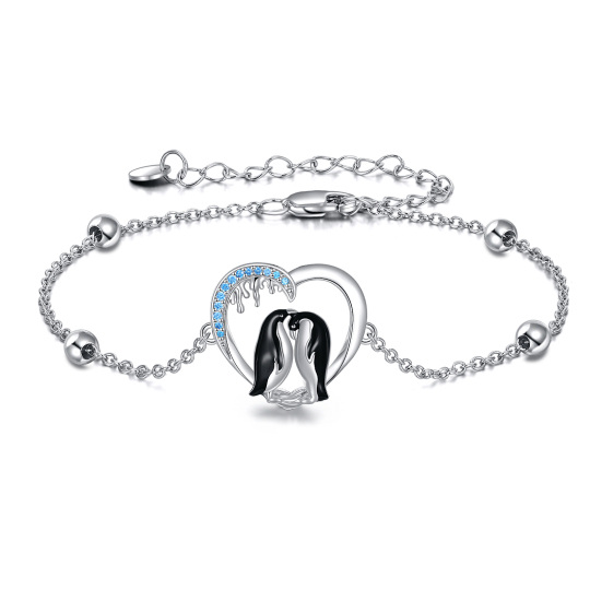 Bracciale in argento sterling con ciondolo a cuore e pinguino con zircone bicolore