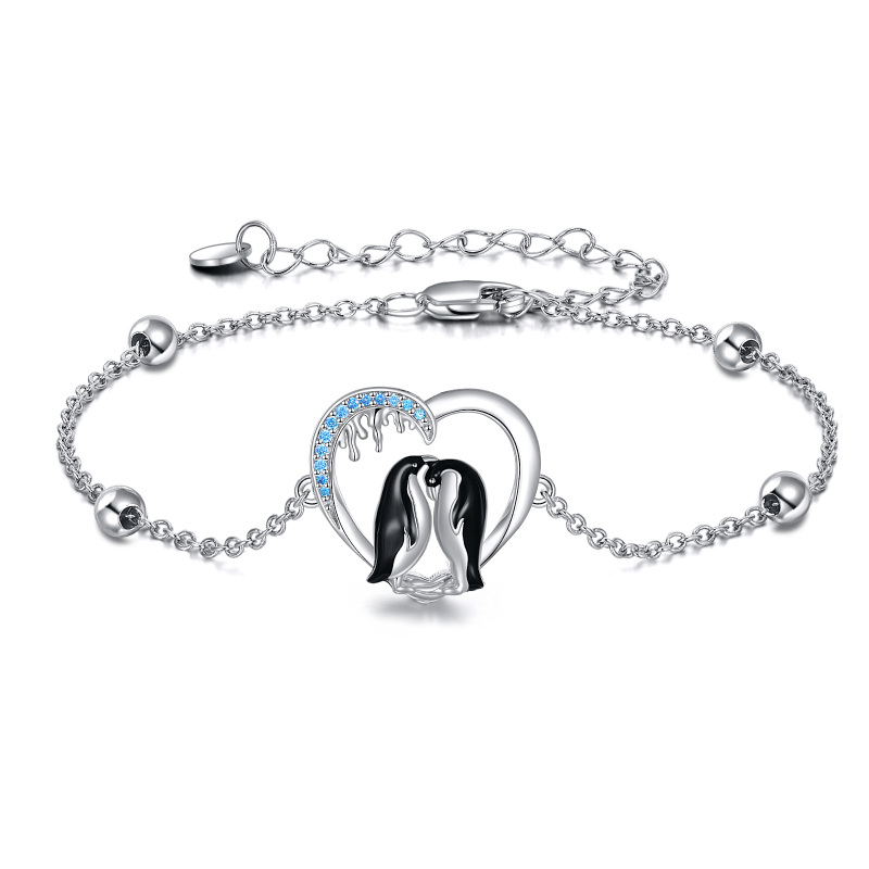 Bracciale in argento sterling con ciondolo a cuore e pinguino con zircone bicolore-20