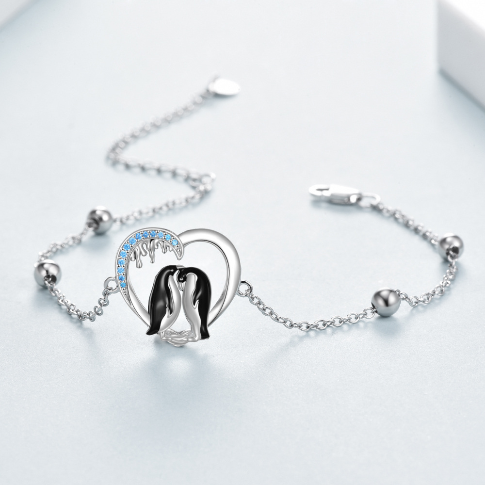 Sterling Silver Two-tone Zircon Penguin & Heart Charm Bracelet-3