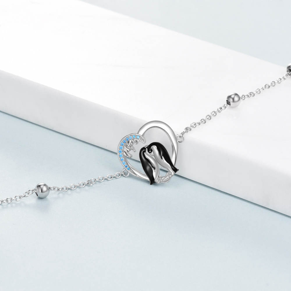 Sterling Silver Two-tone Zircon Penguin & Heart Charm Bracelet-4