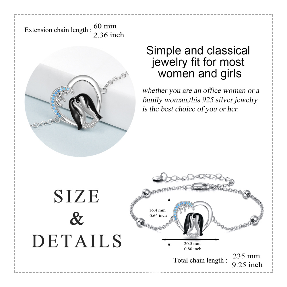Sterling Silver Two-tone Zircon Penguin & Heart Charm Bracelet-5