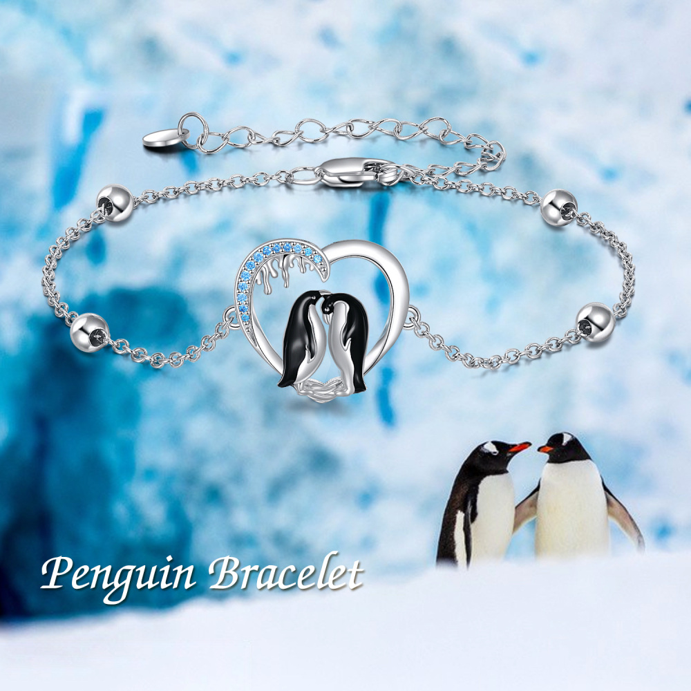 Sterling Silver Two-tone Zircon Penguin & Heart Charm Bracelet-6