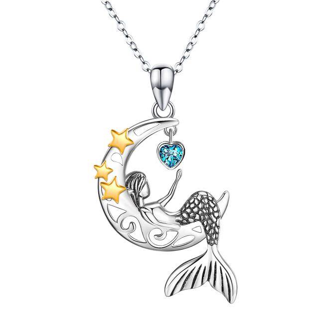 Sterling Silver Two-tone Zircon & Personalized Birthstone Mermaid Tail Pendant Necklace