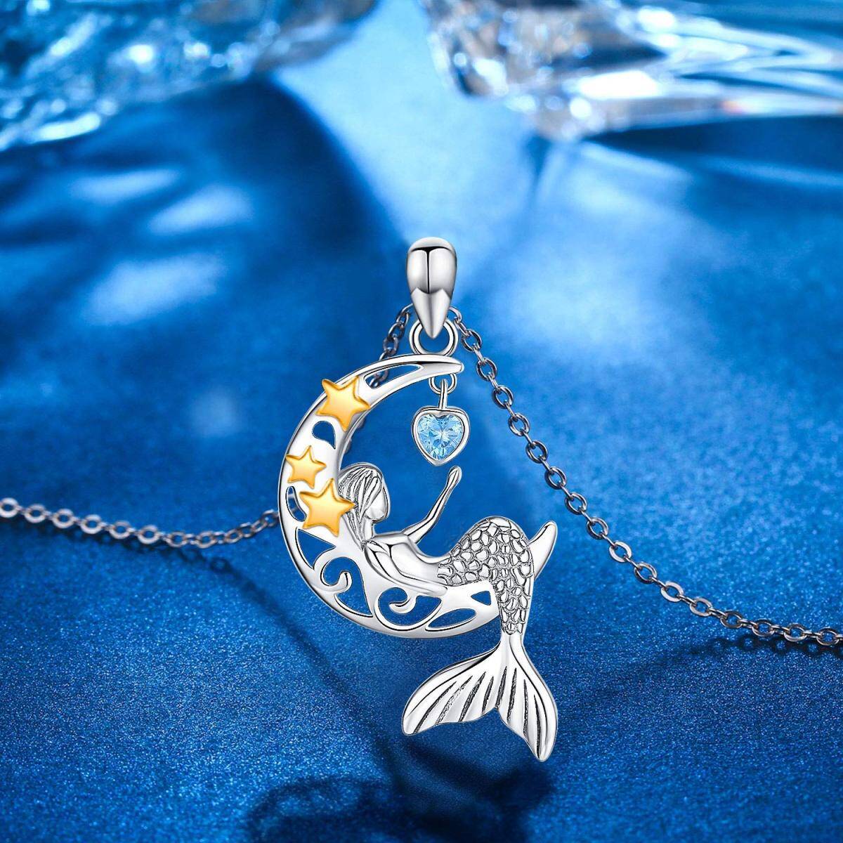 Sterling Silver Two-tone Zircon & Personalized Birthstone Mermaid Tail Pendant Necklace-3