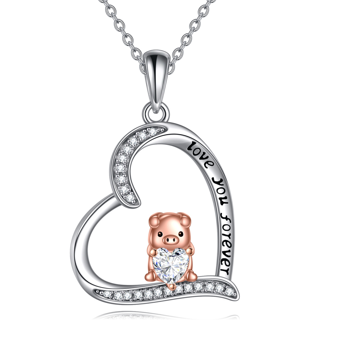 Collar de plata de ley con corazón de cerdo grabado en dos tonos para mujer-1