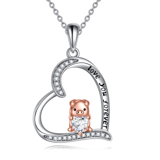 Sterling Silver Two-tone Pig & Heart Engraved Necklace for Women-3