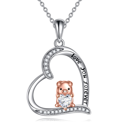 Sterling Silver Two-tone Zircon Pig & Heart Pendant Necklace with Engraved Word