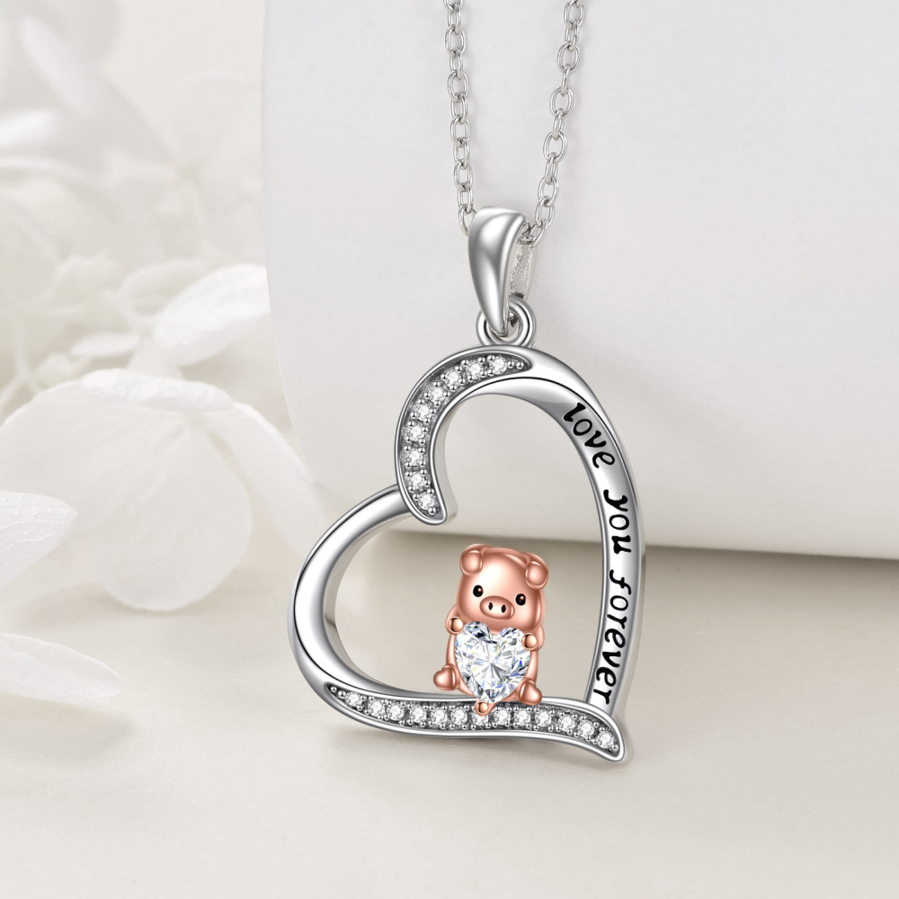 Sterling Silver Two-tone Pig & Heart Engraved Necklace for Women-3