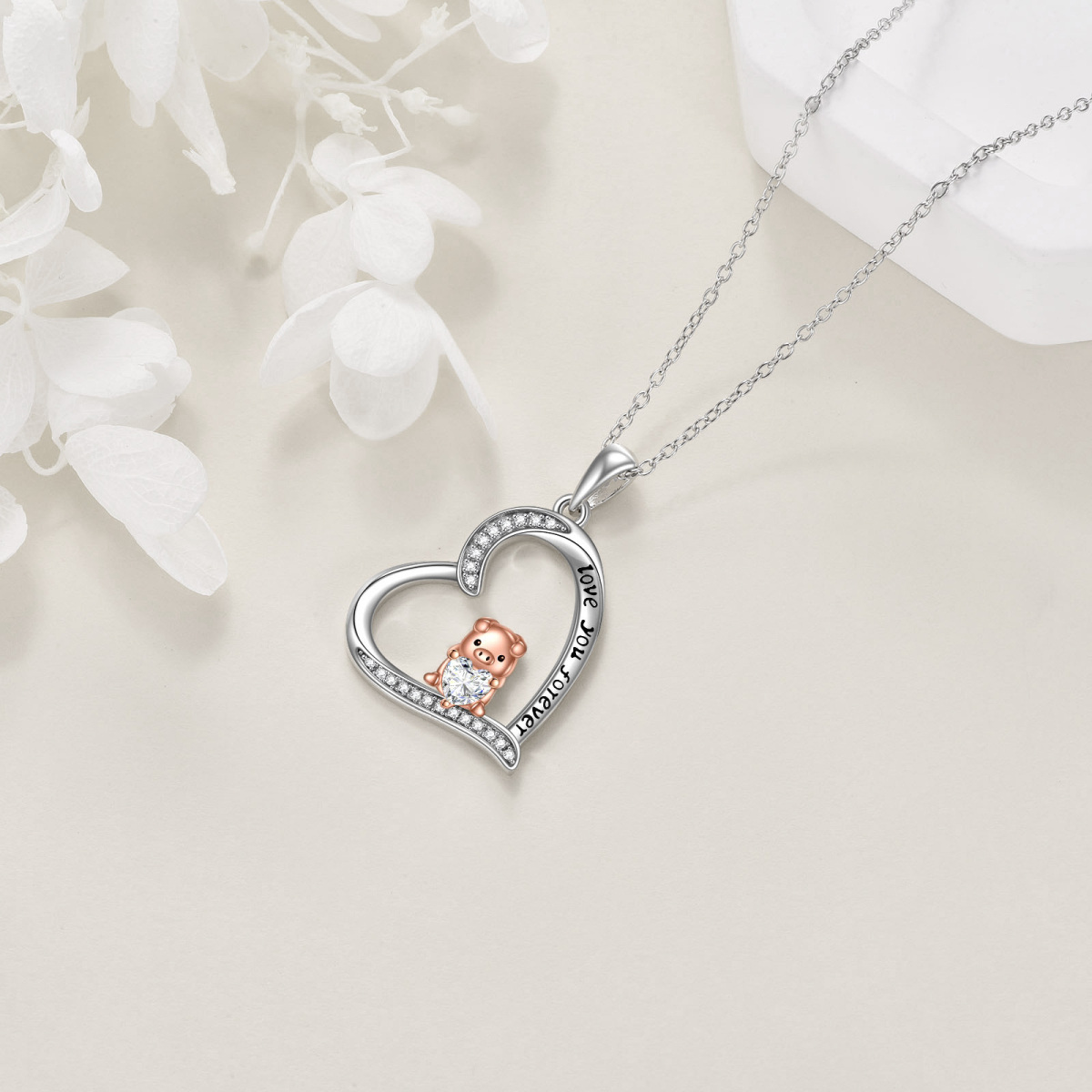 Collar de plata de ley con corazón de cerdo grabado en dos tonos para mujer-4