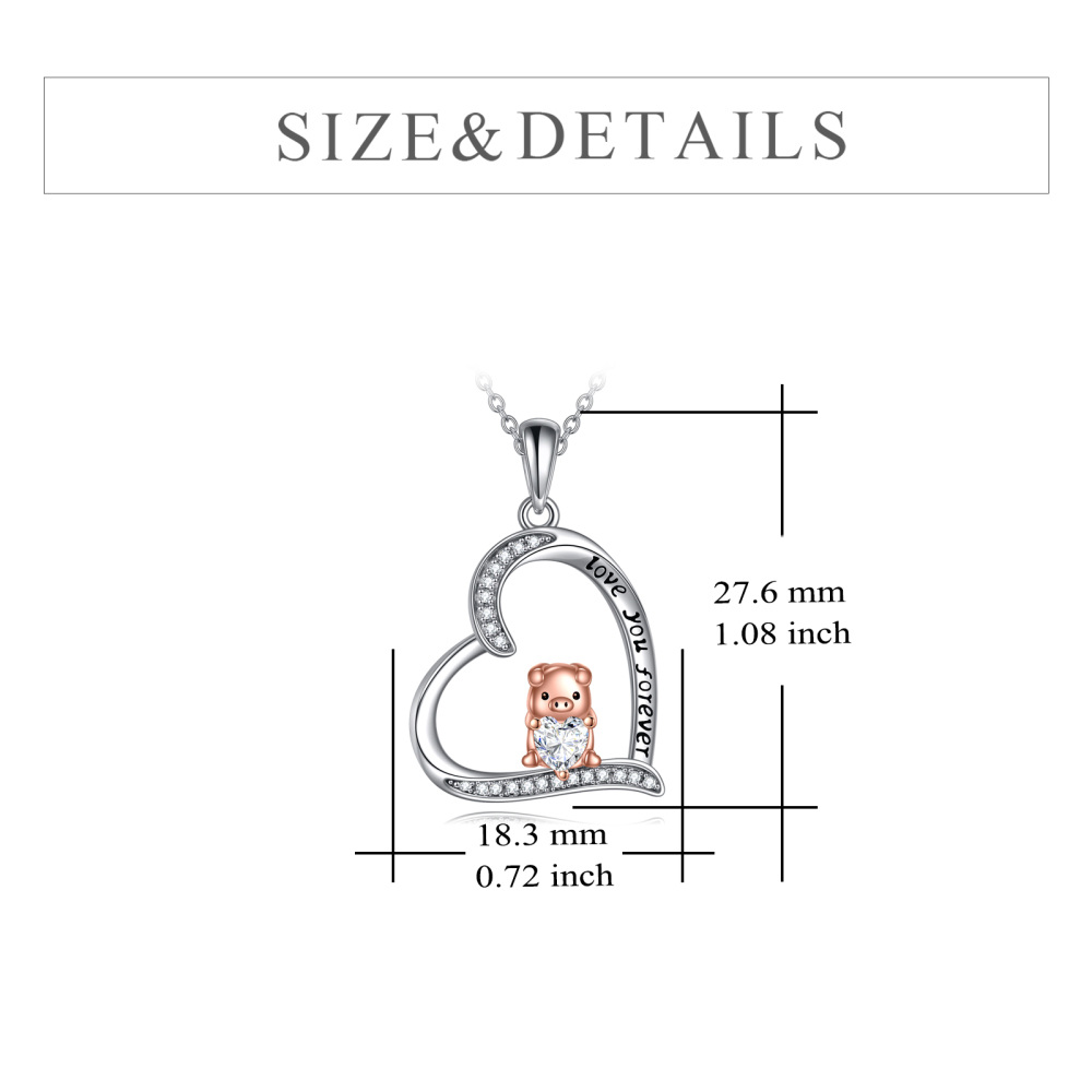 Sterling Silver Two-tone Pig & Heart Engraved Necklace for Women-5