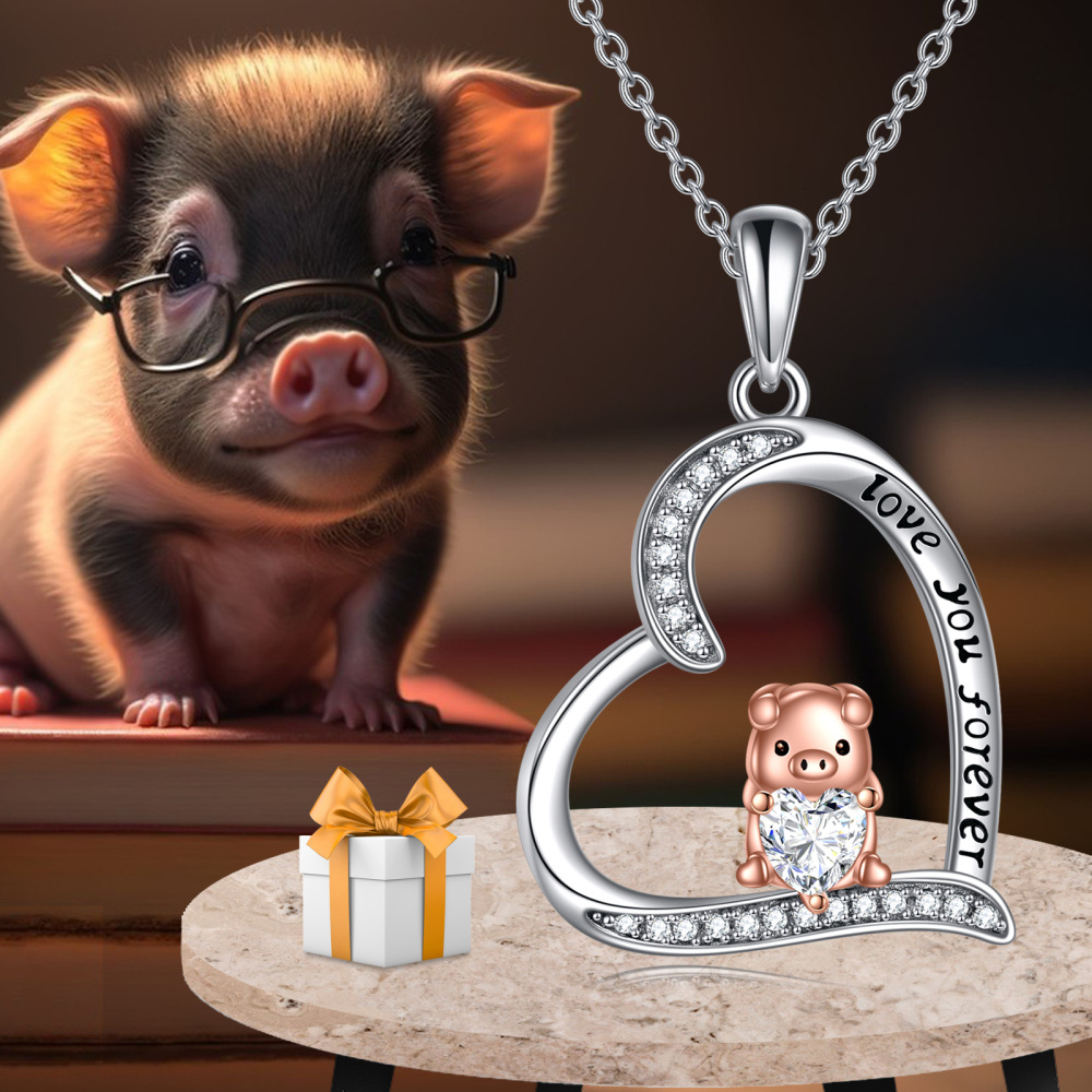 Sterling Silver Two-tone Pig & Heart Engraved Necklace for Women-6