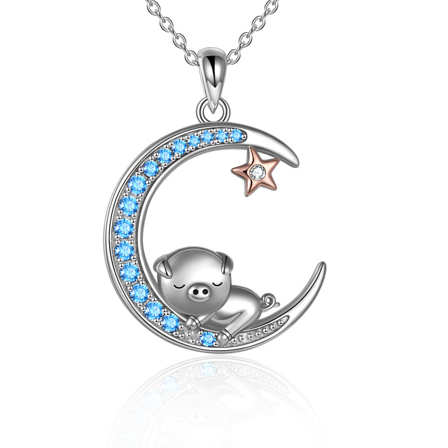 Sterling Silver Two-tone Zircon Pig & Moon & Pentagram Pendant Necklace with Engraved Word-1