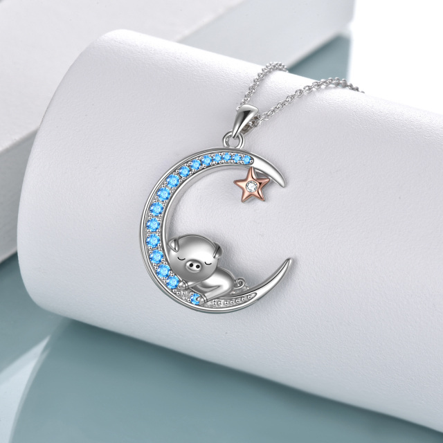 Sterling Silver Two-tone Zircon Pig & Moon & Pentagram Pendant Necklace with Engraved Word-3