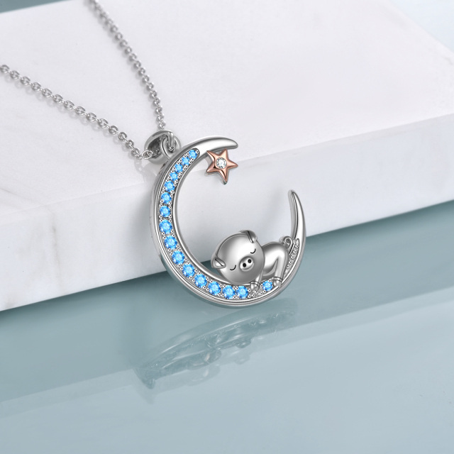 Sterling Silver Two-tone Zircon Pig & Moon & Pentagram Pendant Necklace with Engraved Word-4