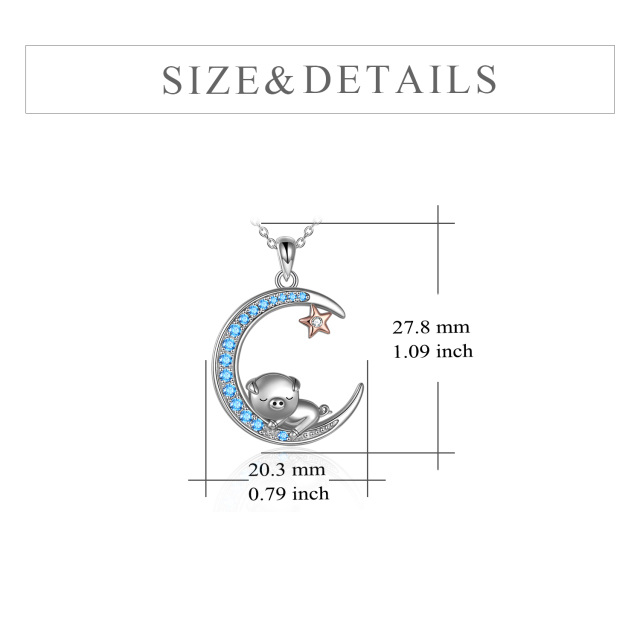 Sterling Silver Two-tone Zircon Pig & Moon & Pentagram Pendant Necklace with Engraved Word-5