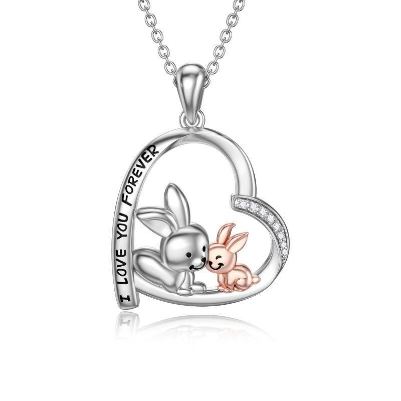 Sterling Silver Two-Tone Round Zircon Rabbit & Parents & Children Heart Pendant Necklace With Engraved Word For Woem Sister-1