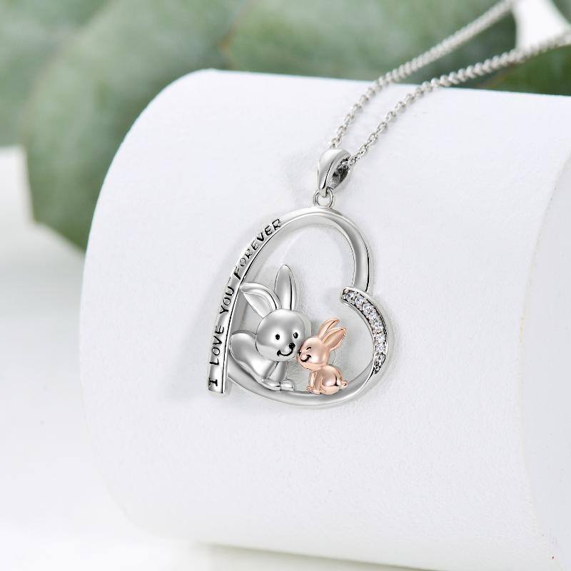 Sterling Silver Two-Tone Round Zircon Rabbit & Parents & Children Heart Pendant Necklace With Engraved Word For Woem Sister-3