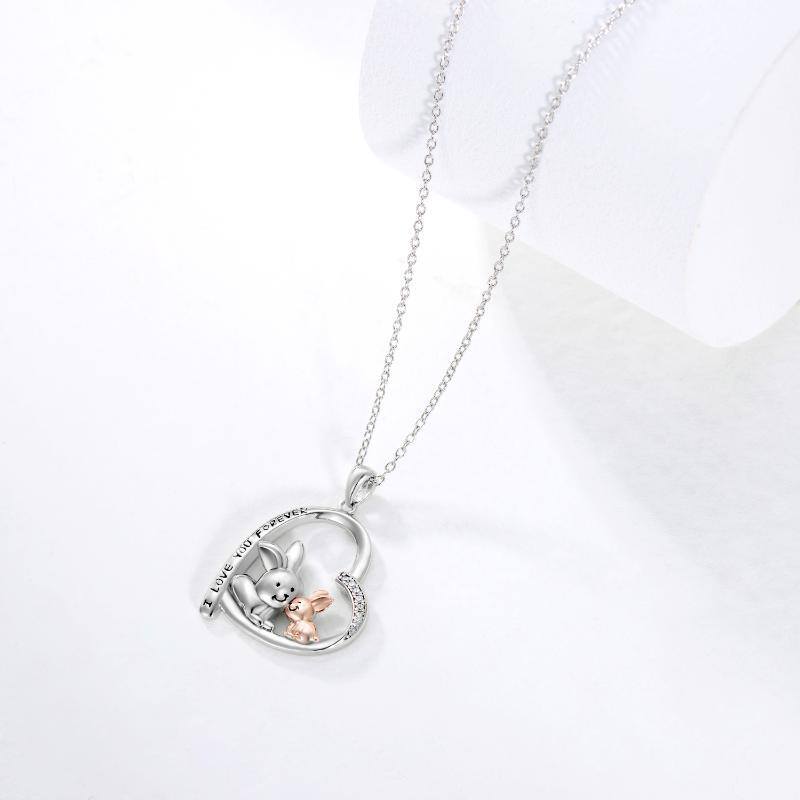 Sterling Silver Two-Tone Round Zircon Rabbit & Parents & Children Heart Pendant Necklace With Engraved Word For Woem Sister-4