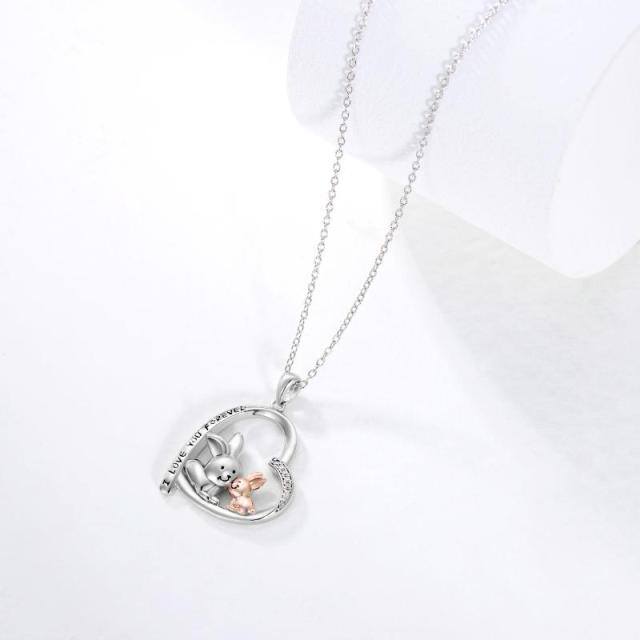 Collana con ciondolo in argento sterling con coniglio e zircone bicolore, genitori e figli con parola incisa-4