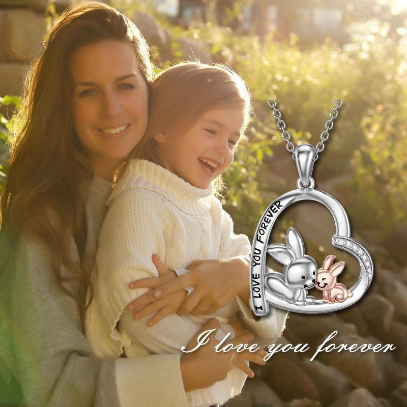 Sterling Silver Two-Tone Round Zircon Rabbit & Parents & Children Heart Pendant Necklace With Engraved Word For Woem Sister-6