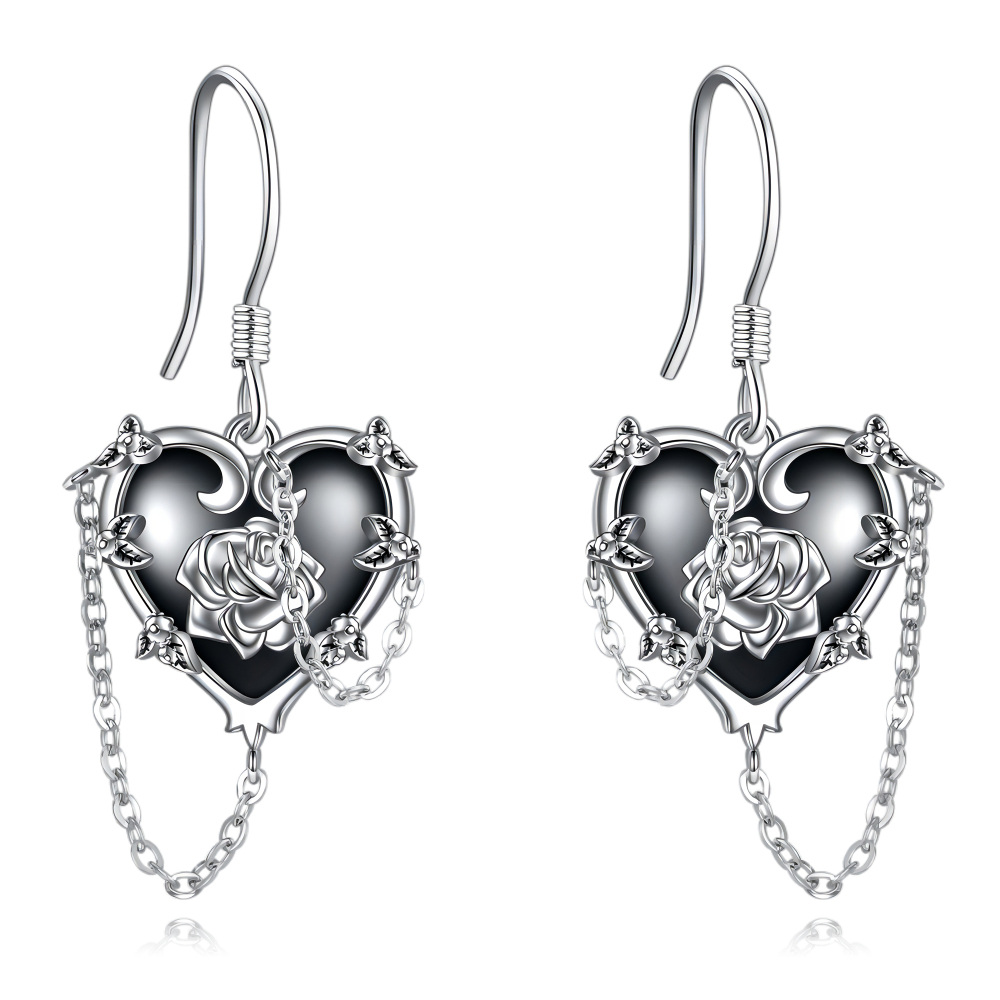 Sterling Silver Two-Tone Heart Zircon Rose Cross Skull Drop Earrings For Women-1