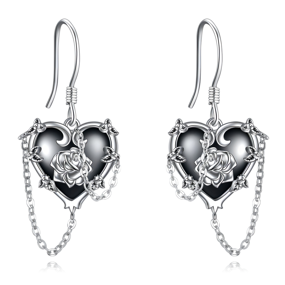 Pendientes colgantes con forma de calavera y cruz de rosa y circonita en forma de corazón de dos tonos de plata de ley para mujer-1