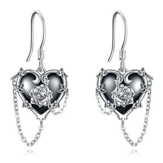 Boucles d'oreilles pendantes en forme de cœur bicolore en argent sterling avec croix rose et tête de mort pour femme