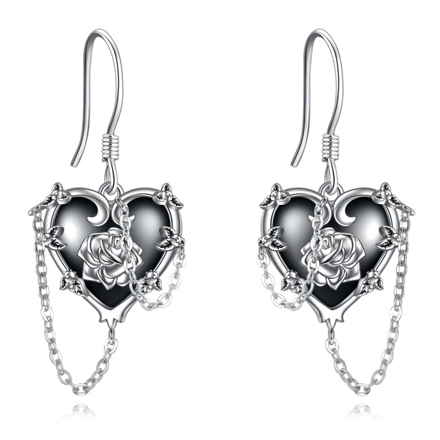 Sterling Silver Two-tone Zircon Rose & Cross & Heart & Skull Drop Earrings-3