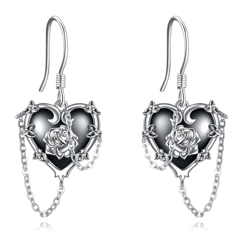 Sterling Silver Two-tone Zircon Rose & Cross & Heart & Skull Drop Earrings