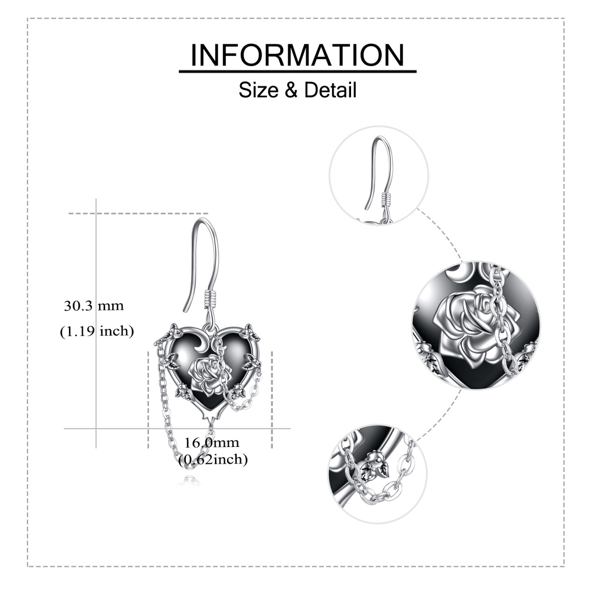 Sterling Silver Two-Tone Heart Zircon Rose Cross Skull Drop Earrings For Women-5