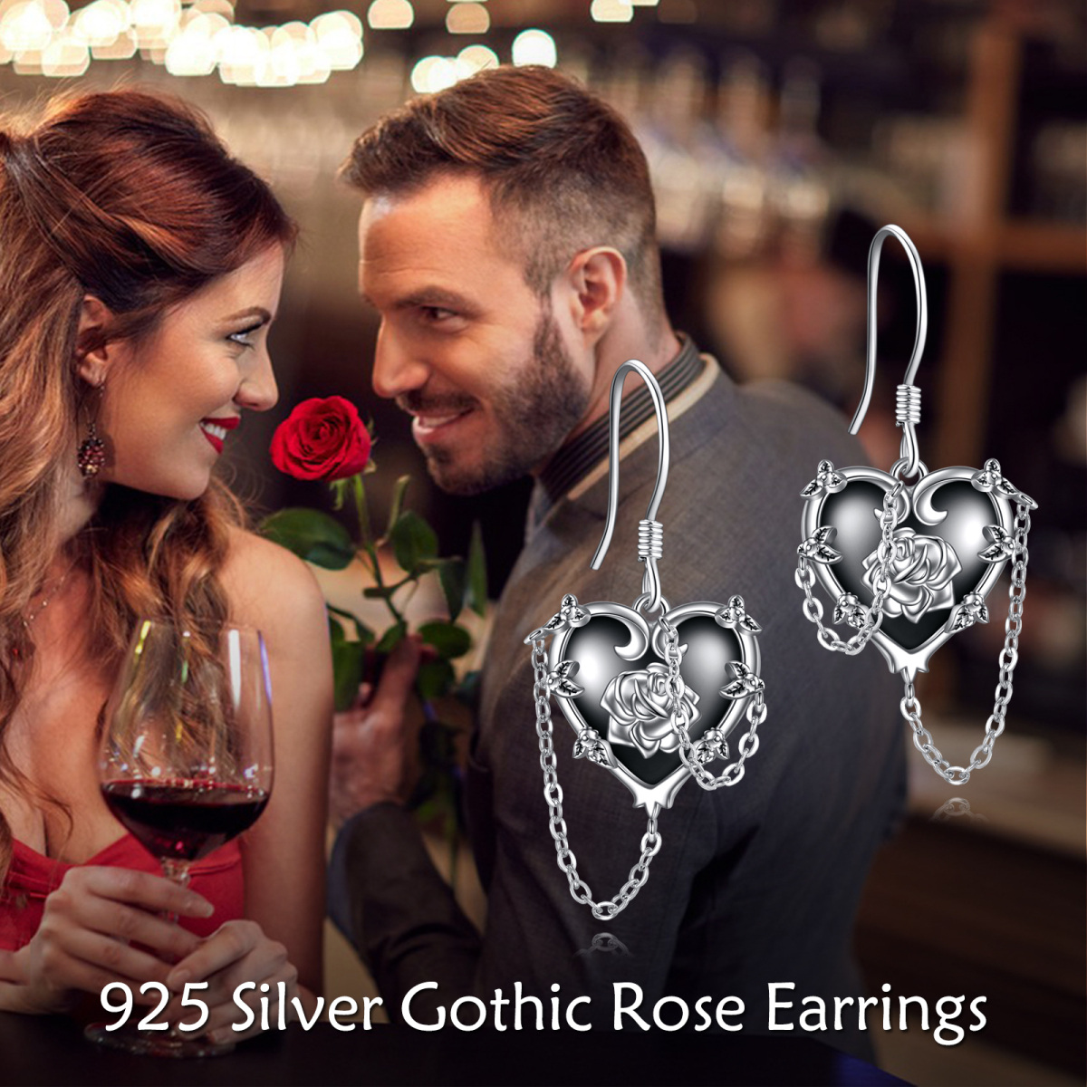 Pendientes colgantes con forma de calavera y cruz de rosa y circonita en forma de corazón de dos tonos de plata de ley para mujer-6